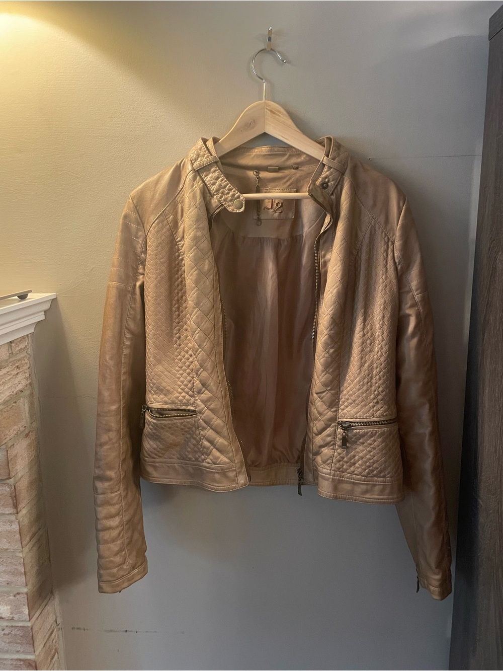Quilted Faux Leather Jacket - Beige